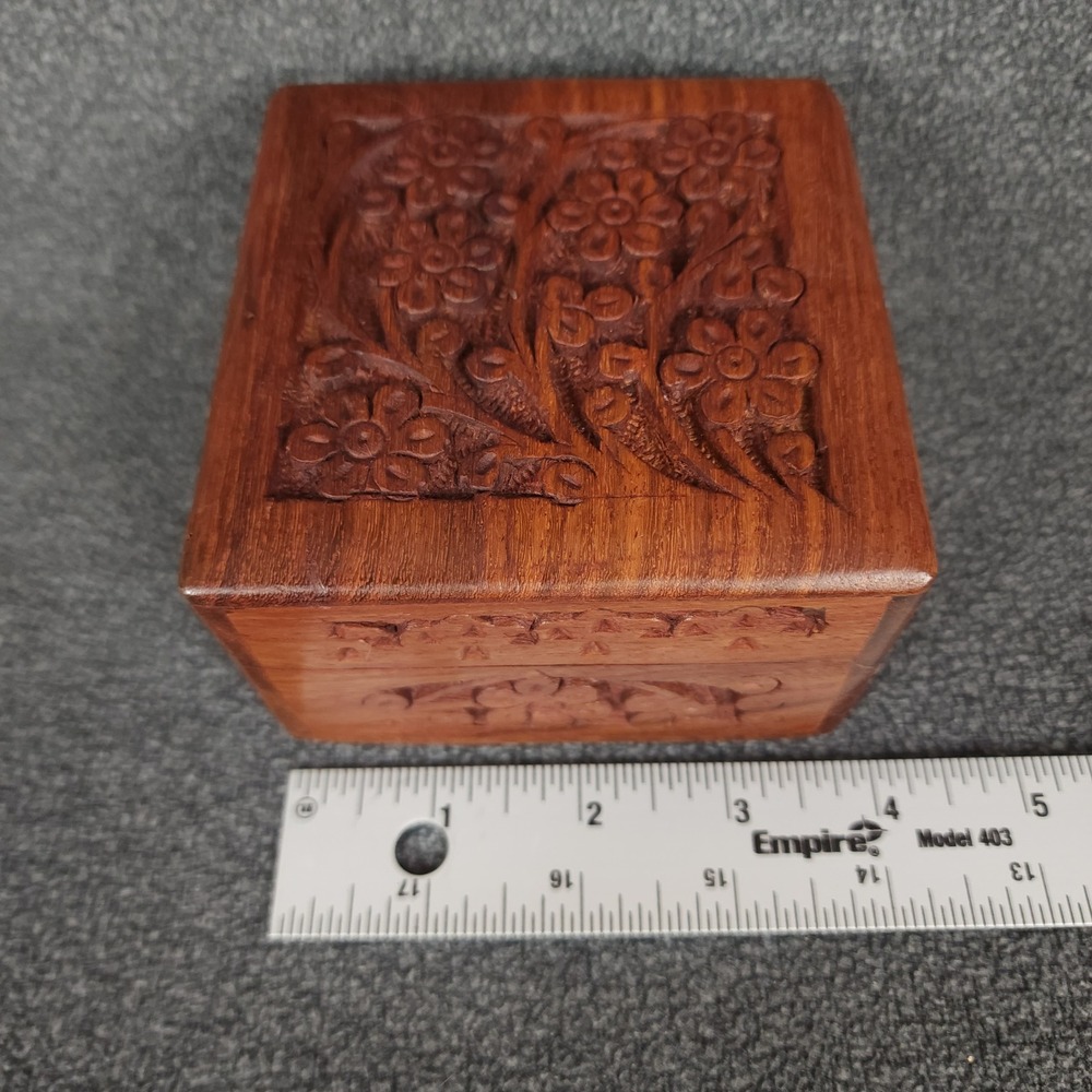 Vintage Wooden Trinket Box Hand Carved Floral Design Hinged Lid Jewelry Keepsake